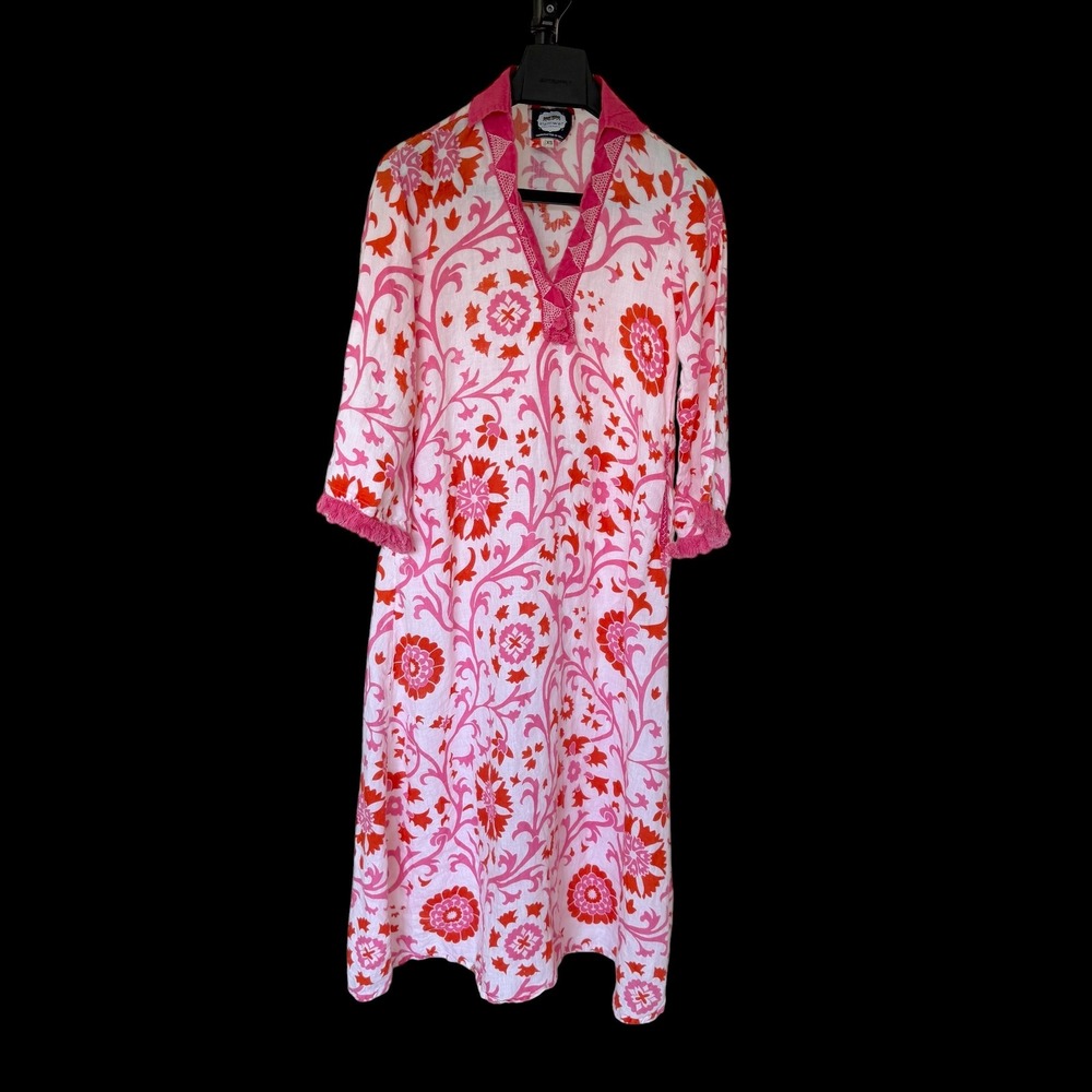Alamwar Handcrafted Linen Floral Block Print Tunic Dress Pink Orange XS